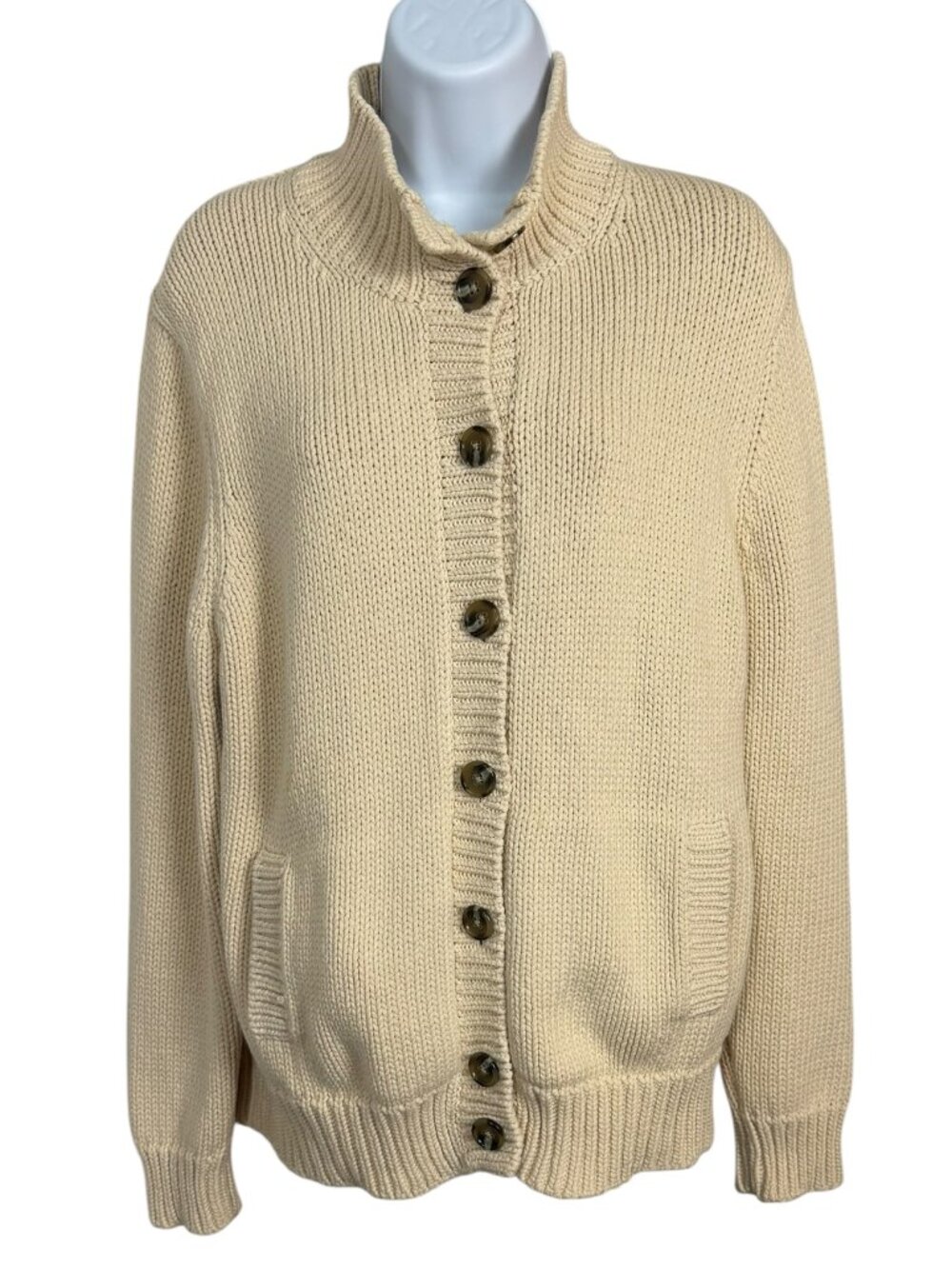 Lands' End Cotton Cardigan Sweater Large Petite Cream Button Front Classic